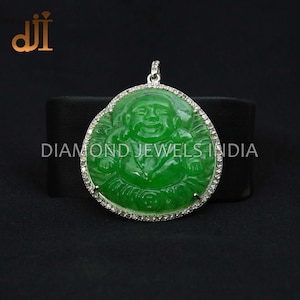 Laughing Buddha Green Jade Carving Diamond Pendant, Oxidized Silver Pendant, Designer Pendant Jewelry, Pendant Chain Necklace