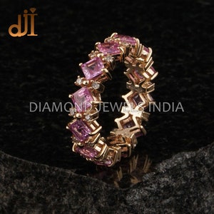 14k Gold Pink Sapphire Diamond Ring, Eternity Band Ring, Diamond Ring Jewelry, Wedding Jewelry, Gift For Her, September Birthstone Ring