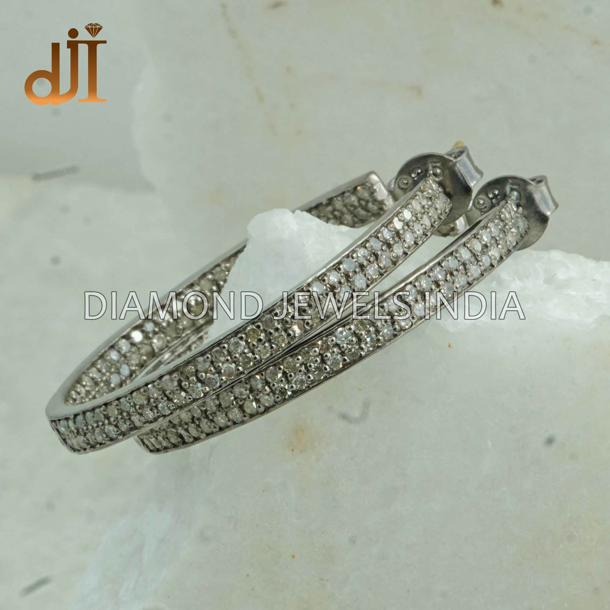 Pave Diamond Hoop Earrings, Half Hoops, Silver Jewelry