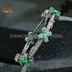 Pave Diamond Natural Emerald Bangle, Solid 925 Sterling Silver Jewelry, Floral Bracelet Handmade Jewelry Gift For Her Diamond Jewelry