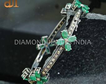 Brazalete con pavé de diamantes y esmeralda: pulsera floral de plata de ley 925