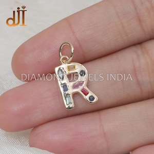 Alphabet R 14k Gold Sapphire Charm Pendant Jewelry, Initial Pendant Jewelry, Valentine&#39;s Day Gift, Unisex Charm Pendant, Handmade Pendant