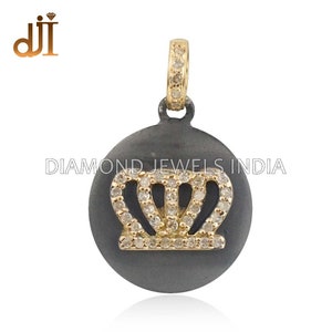 14k Gold Pave Diamond Crown Charm Silver Disc Pendant Jewelry FIMJ-327