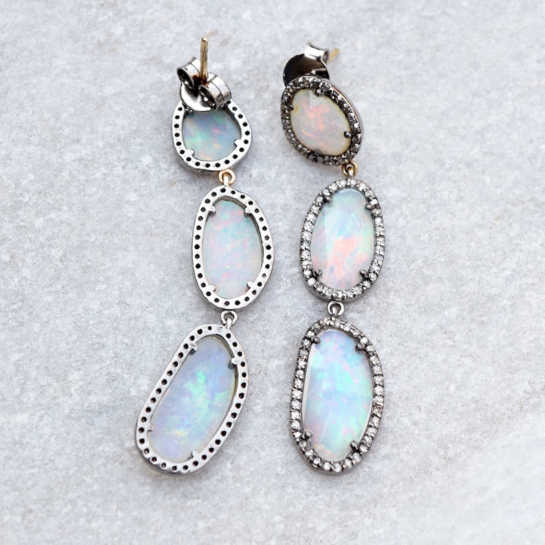 Opal Gemstone Pave Diamond 14k Gold Handcrafted Drop Dangle 925 Silver Earrings Jewelry EAMJ-1150