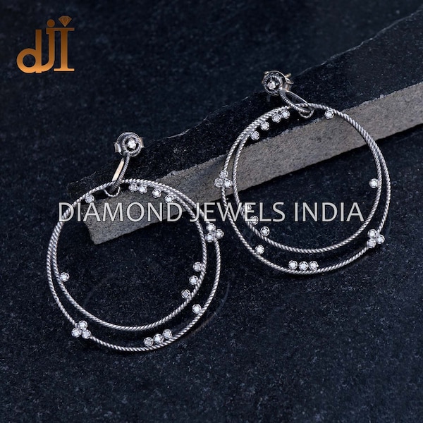 Solid 925 Silver Double Line Pave White Diamond Big Hoop Earrings 14k Gold Handmade Jewelry Women's Earrings Gift For Her 40X50 MM