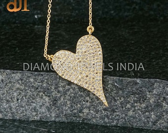 Pave Diamond Heart Pendant Necklace: 925 Sterling Silver, Valentine's Gift
