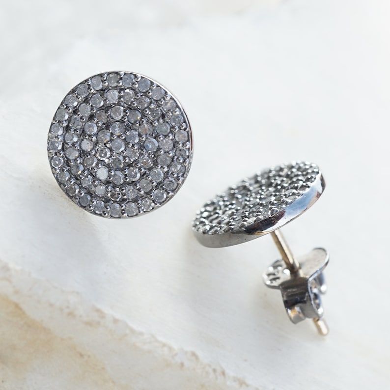 Pave Diamond Disc 12MM Stud Earrings 14k Gold Handmade Silver Etsy
