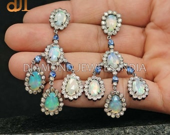 Opal Gemstone Diamond 925 Silver Earrings, Diamond Jewelry, Silver Earrings, Womens Earrings, Diamond Chandelier Earrings, Victorian Jewelry