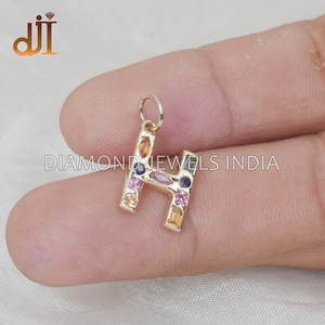 14k Gold Initial H Charm, Luxury Initial Pendant, Multi Sapphire Alphabet Charm, Birthday Gift, Christmas Gift Pendant, Solid 14k Gold Fine
