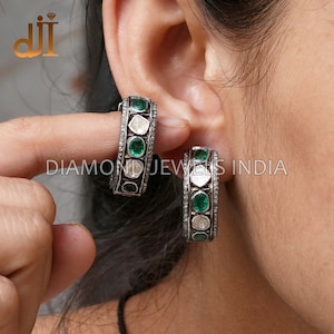 925 Silber Pave Diamant Smaragd Edelstein Viktorianischen Natürlichen Polki Huggie Hoop Ohrringe Art Deco Schmuck, Muttertag Schmuck, Geschenk für Sie