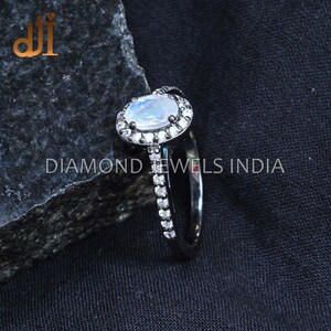 Natural Rainbow Moonstone, Solid 925 Silver Ring, Oxidized Cz Ring, Gift For Her, Wedding Jewelry, Women&#39;s Delicate Ring