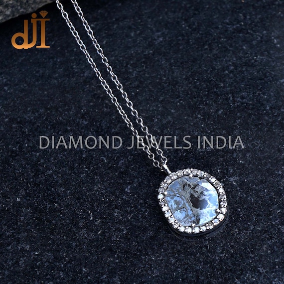 Pave Diamond Slice Pendant Necklace: Handmade 925 Silver Jewelry