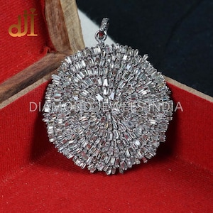 Natural Baguette Diamond Pendant, Oxidized 925 Silver Diamond Round Disc Pendant, Baguette Jewelry, Diamond Fine Jewelry