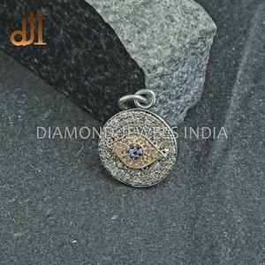 Solid 925 Silver Pendant, Evil Eye Charm Pendant Neclace, Pave Diamond Pendant Necklace, Gift For Her, Blue Sapphire Gemstone Pendant 15 MM