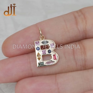 Initial B 14k Gold Multi Sapphire Alphabet Pendant, Minimalist Letter Charm, Valentine&#39;s Day Gift Jewelry, 14k Gold Jewelry,  Gift For Her