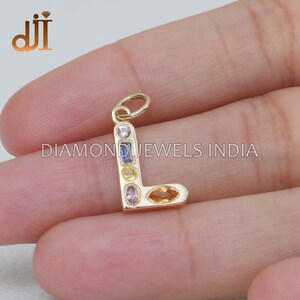 DIAMOND JEWELS INDIA, Initial L 14k Gold Sapphire Charm Pendant, Gemstone L Alphabet Jewelry, 14k Gold Initial, Minimalist Charm Pendant