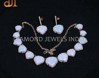 Handgemaakte 14k gouden opaal hart sieradenset: diamanten effen oorbellen ketting