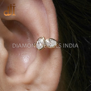 Solid 14k Yellow Gold Ear Cuff, Pave Diamond Women&#39;s Jewelry, New Design Handmade Diamond Conch Ear Cuff Earrings Gold Diamond Jewelry 11 MM