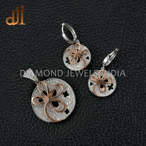 Solid 14k Rose Gold Pendant Earrings Set, Pave Diamond, Wedding Gift Pendant Earrings, Gift For Her, Minimalist Pave Diamond Jewelry DJI