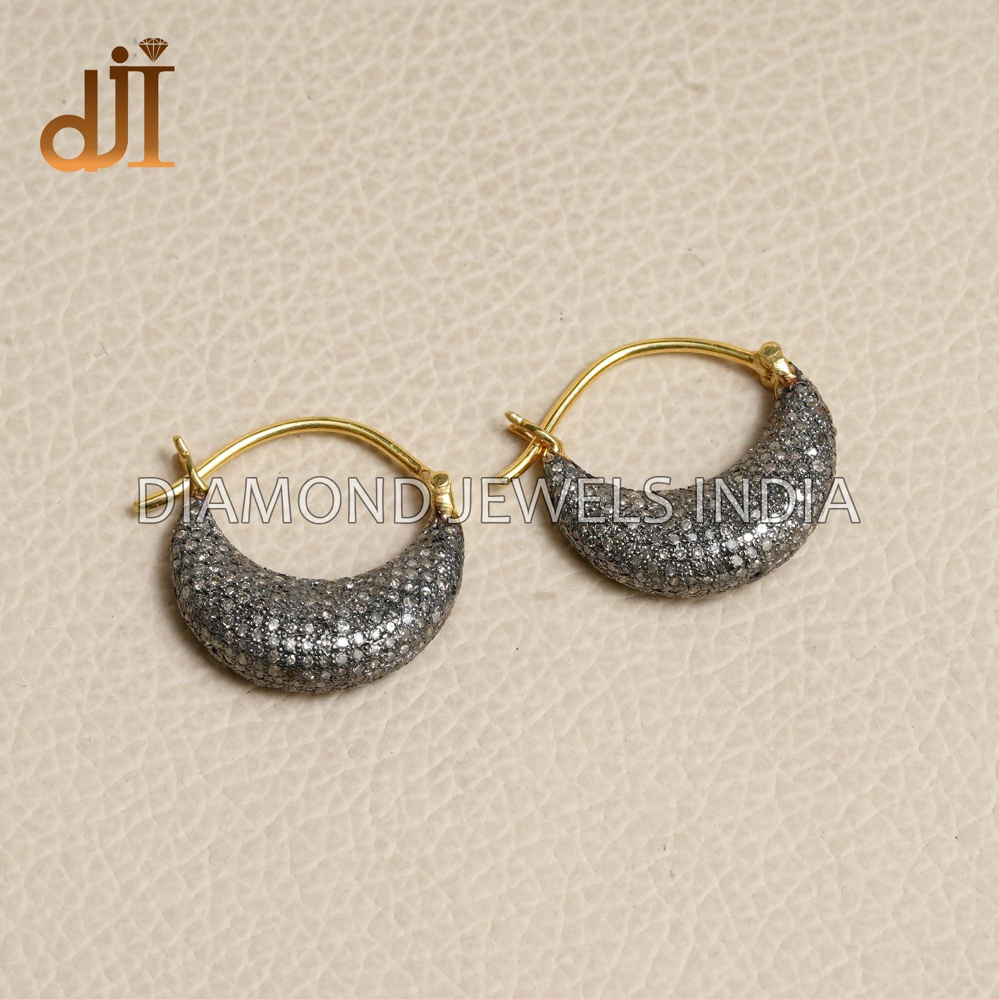 Pave Diamond Crescent Hoop Earrings: Yellow Gold Plated 925 Silver