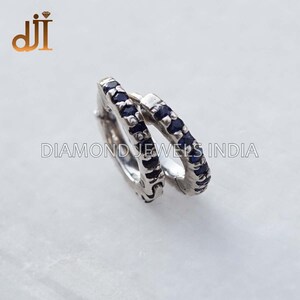 Blue Sapphire Gemstone Earrings Oxidized 925 Silver Minimalist Small 10 MM Hoop Earrings Jewelry Christmas Gift For Her New Huggie Hoops