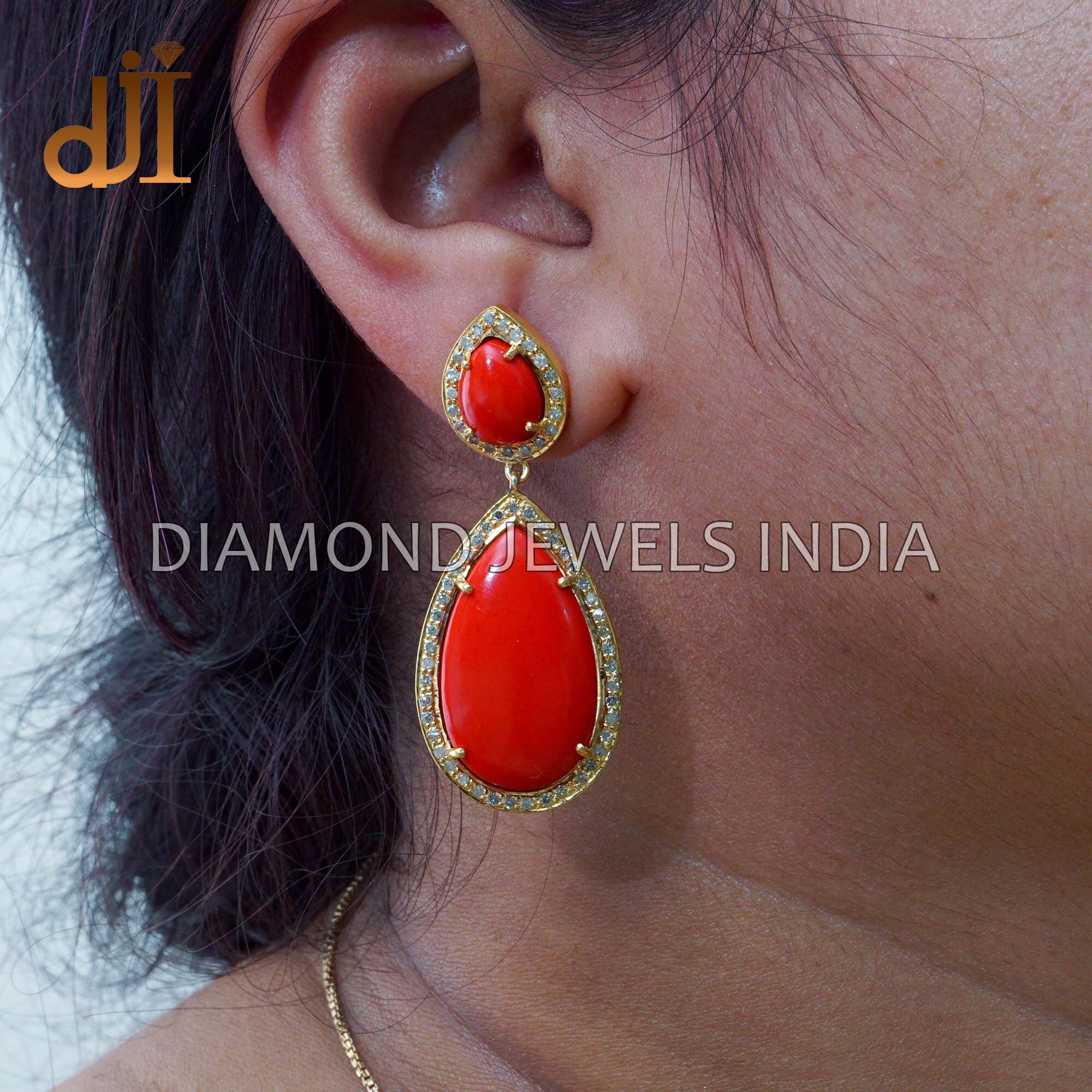 Red Coral Gold Plated Stud Earring Ruby White Pearls ER2880