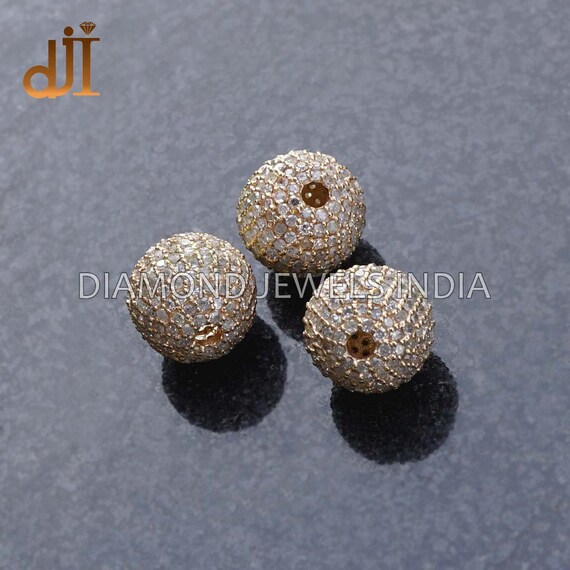 10 MM Pave Diamond 14k Yellow Gold Beads, Jewelry Making Finding (2 MM Hole)