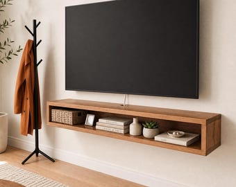 Floating TV Console, Solid Wood Wall Mounted Media Shelf, Floating Entertainment Center, Wall Mounted TV Stand, Custom Width