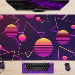 Retro 90s 80s abstract Desk Mat, Vaporwave purple funky geometric memphis gaming large Mouse Pad XXL