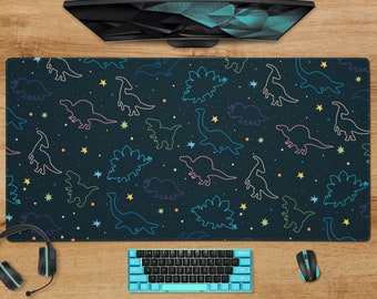Dinosaur outline Desk Mat, Stars night sky prehistoric stego plesiosaur gaming large Mouse Pad XXL