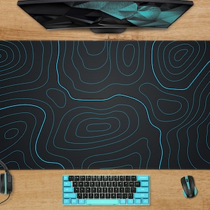 Résumé topographique Tapis de bureau, carte géographique bleue gaming grand tapis de souris XXL