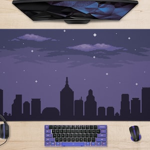 City starry night skyline lo-fi aesthetic Desk Mat, Purple pixel art gaming large Mouse Pad XXL