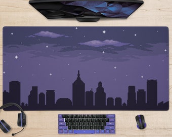 City starry night skyline lo-fi aesthetic Desk Mat, Purple pixel art gaming large Mouse Pad XXL