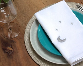 Christmas Cotton Napkin Set | Moon & Stars Napkins | Embroidered Cotton Napkin | Preloved Napkins