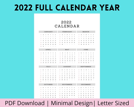 2022 year calendar printable pdf calendar minimal calendar etsy