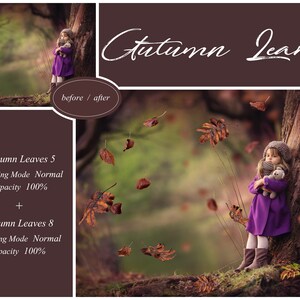 May include: A young girl in a purple coat and a knitted hat stands next to a tree in a forest. She is holding a stuffed animal. The image is edited to include falling autumn leaves.