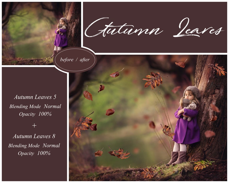 May include: A young girl in a purple coat and a knitted hat stands next to a tree in a forest. She is holding a stuffed animal. The image is edited to include falling autumn leaves.
