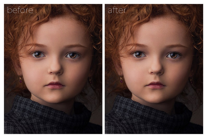May include: Before and after photo of a young girl with red curly hair. The photo on the left shows the girl's natural skin tone, while the photo on the right shows her skin with a more even tone and less redness.