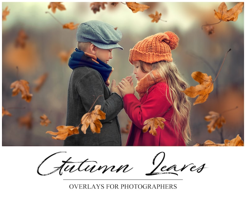 May include: Two children, a boy and a girl, stand facing each other in a forest setting. They are wearing warm clothing and holding hands. The background is blurred, and there are falling autumn leaves in the air. The text "Autumn Leaves" is written below the image, with the words "Overlays for Photographers" underneath.
