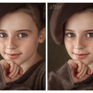 May include: A side-by-side comparison of a portrait of a young person wearing a brown beret and a brown sweater. The image on the left shows the original photo, while the image on the right shows the photo after editing.
