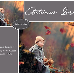 May include: A young girl wearing a brown hat and coat sits on a log in a forest.  She is looking up at falling autumn leaves. The text "Autumn Leaves 9" is in the image.  Blending Mode: Normal. Opacity: 100%.