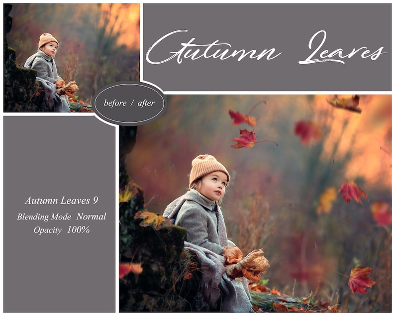 May include: A young girl wearing a brown hat and coat sits on a log in a forest.  She is looking up at falling autumn leaves. The text "Autumn Leaves 9" is in the image.  Blending Mode: Normal. Opacity: 100%.