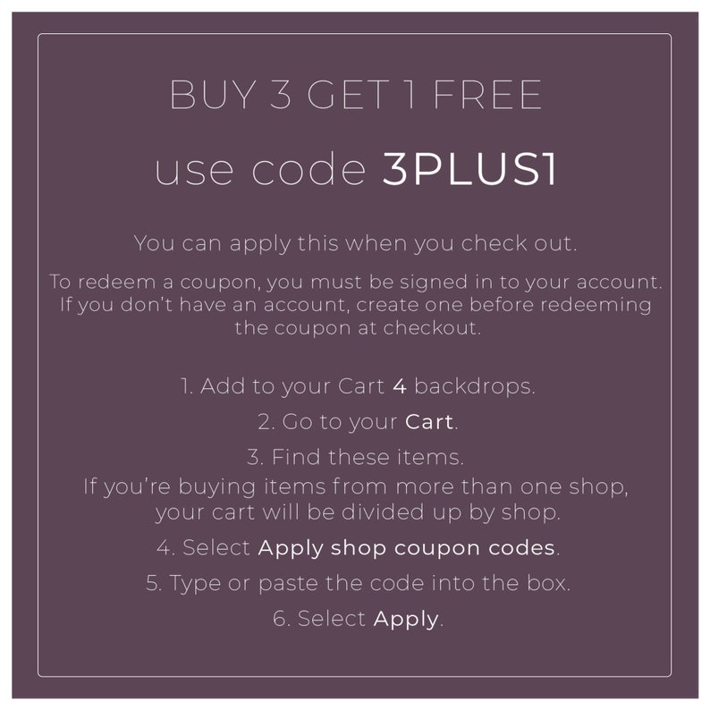 Może przedstawiać: Fioletowy grafika tekstowa z tekstem "BUY 3 GET 1 FREE use code 3PLUS1". Tekst wyjaśnia, jak zrealizować kupon, aby uzyskać zniżkę na zakupy czterech lub więcej tła.