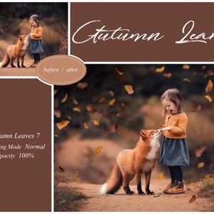 May include: A young girl in a blue dress and orange sweater feeds a red fox in a forest setting. Autumn leaves fall around them. The image is labeled "Autumn Leaves 7, Blending Mode Normal, Opacity 100%".