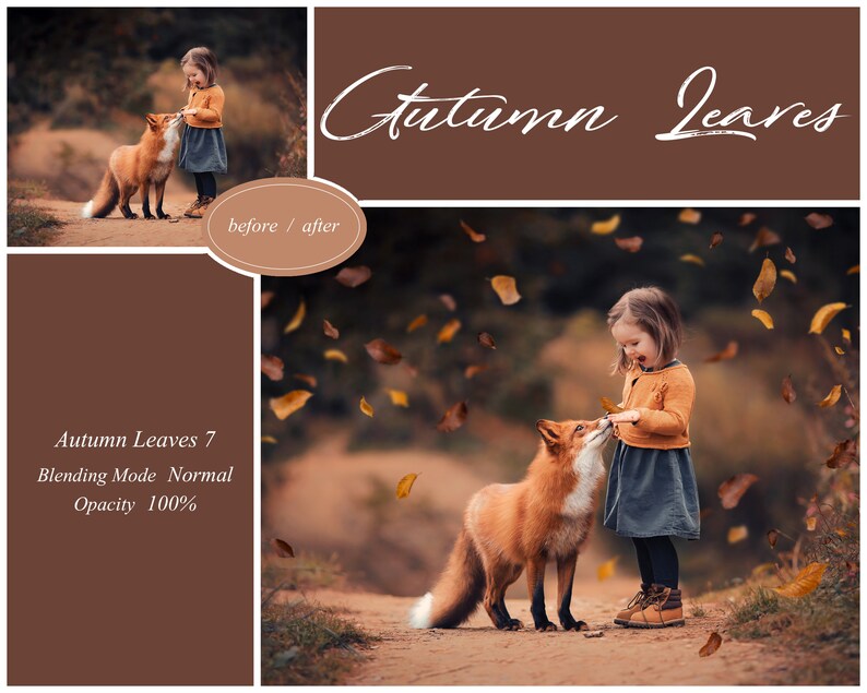 May include: A young girl in a blue dress and orange sweater feeds a red fox in a forest setting. Autumn leaves fall around them. The image is labeled "Autumn Leaves 7, Blending Mode Normal, Opacity 100%".