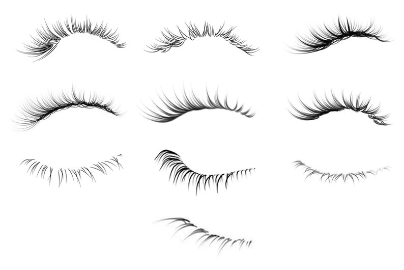 May include: A set of nine different styles of false eyelashes, each with a unique shape and length. The eyelashes are black and are designed to enhance the natural look of the eyes.