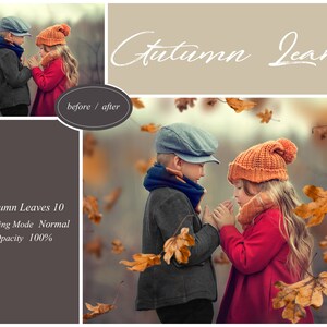 May include: Two children, a boy and a girl, stand facing each other in a forest setting. The girl is wearing a red coat and an orange knitted hat. The boy is wearing a gray jacket and a blue hat. Autumn leaves are falling around them. The text "Autumn Leaves 10" is visible in the lower left corner of the image.