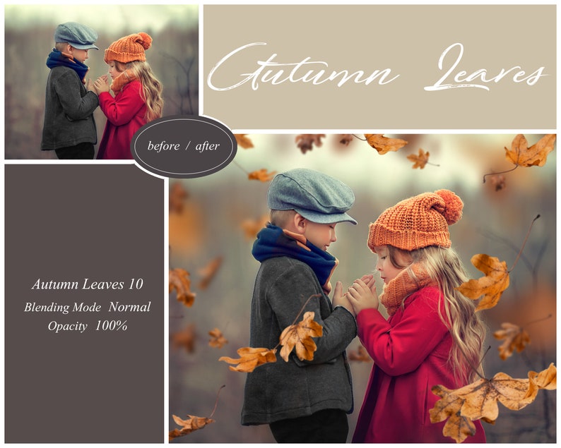 May include: Two children, a boy and a girl, stand facing each other in a forest setting. The girl is wearing a red coat and an orange knitted hat. The boy is wearing a gray jacket and a blue hat. Autumn leaves are falling around them. The text "Autumn Leaves 10" is visible in the lower left corner of the image.
