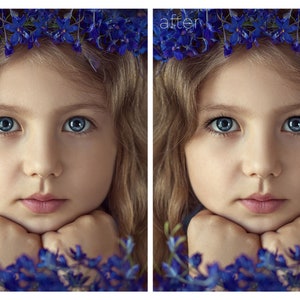 May include: Before and after photo of a young girl wearing a blue flower crown. The photo on the left shows the girl's natural eyelashes, while the photo on the right shows her with longer, thicker eyelashes.