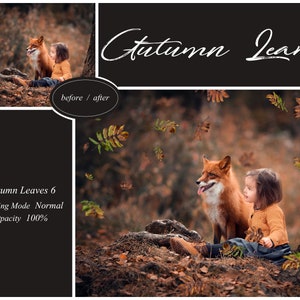 May include: A young girl sits with a red fox in a forest setting. Autumn leaves fall around them. The image is labeled "Autumn Leaves 6" with the text "Blending Mode Normal" and "Opacity 100%".